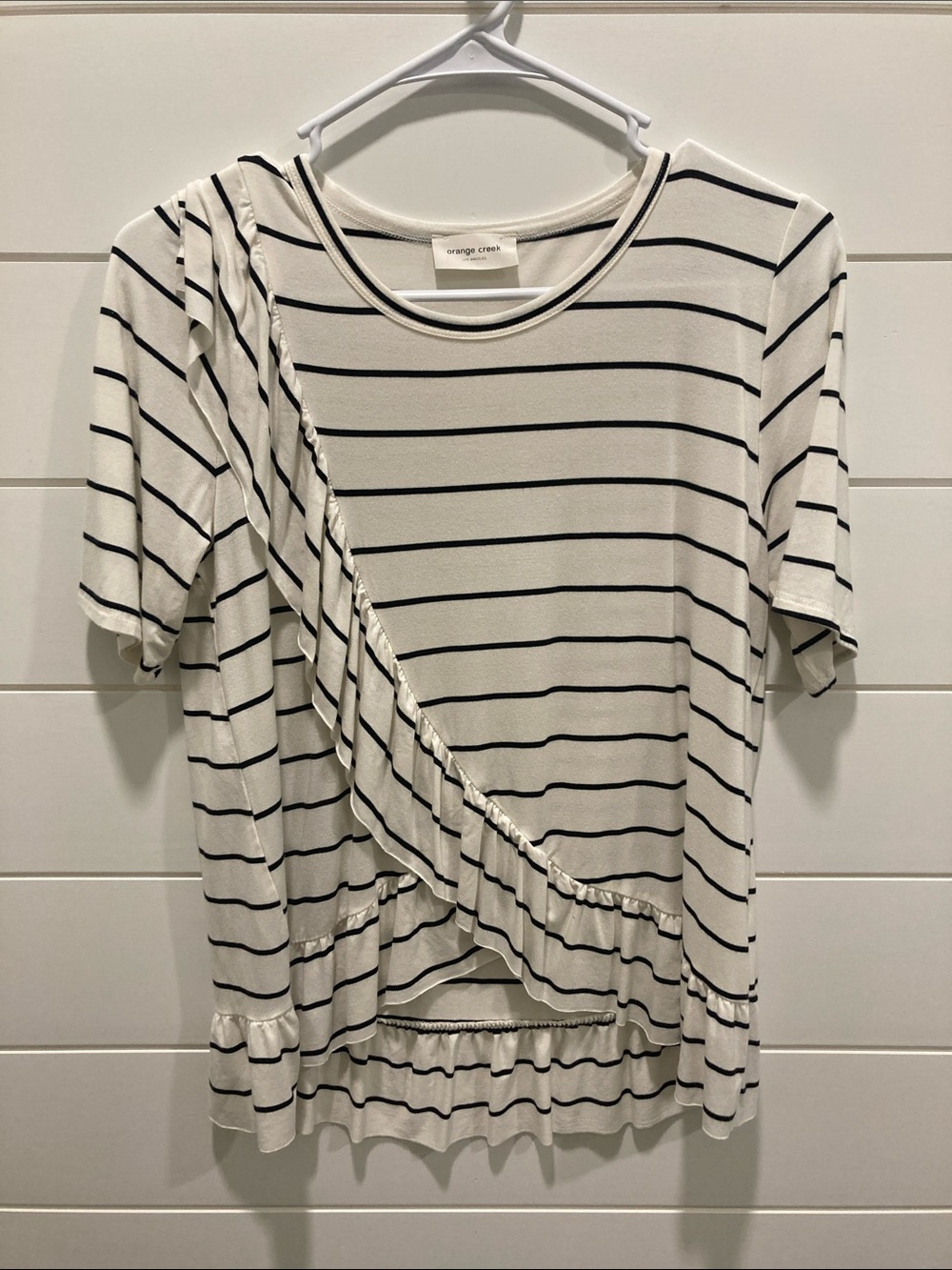 orange creek White & Black Striped Ruffle Short Sleeve Top